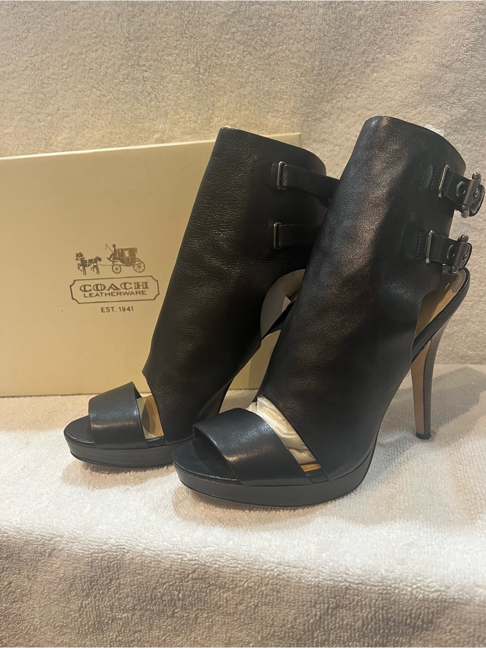 Coach Analeigh Black Leather Open-Toe Buckle High-Heel Booties Size 8.5